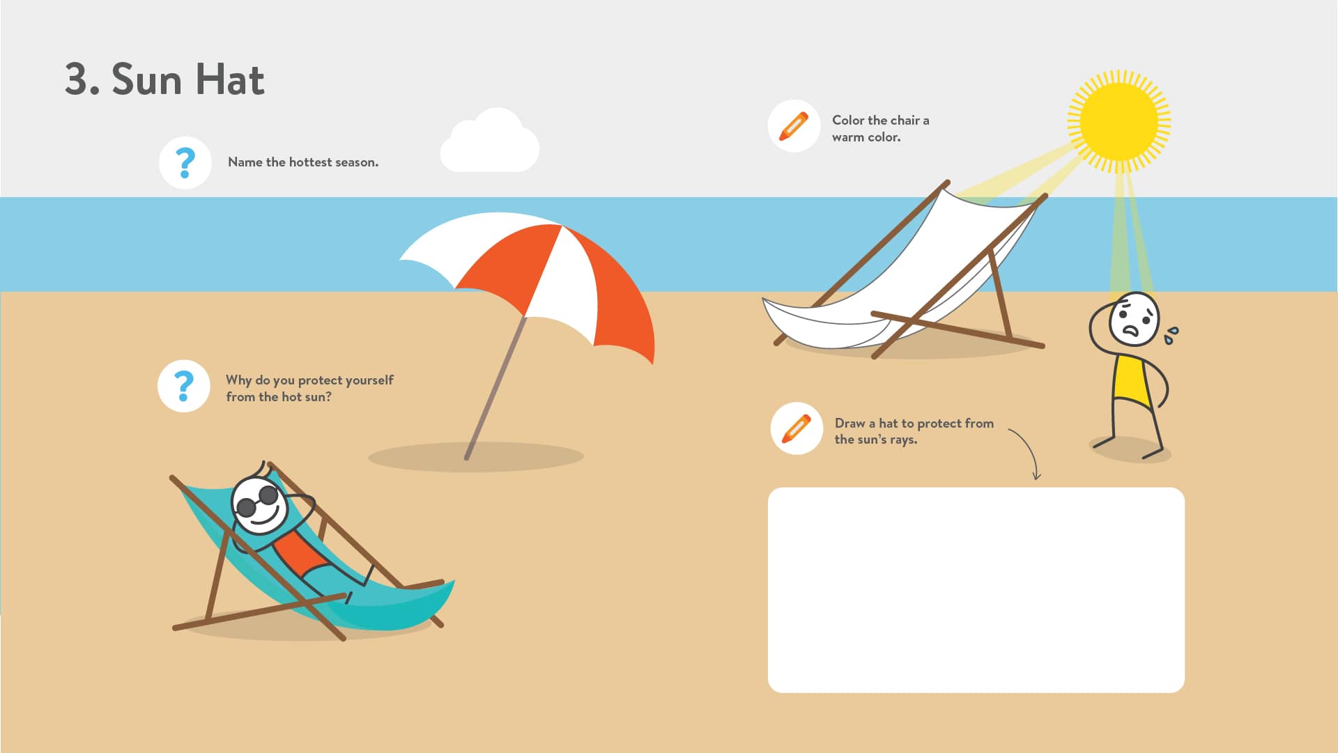 The sun hat activity illustrates how students use spatial reasoning and fine motor skills to solve the real-world problem of sunburn!