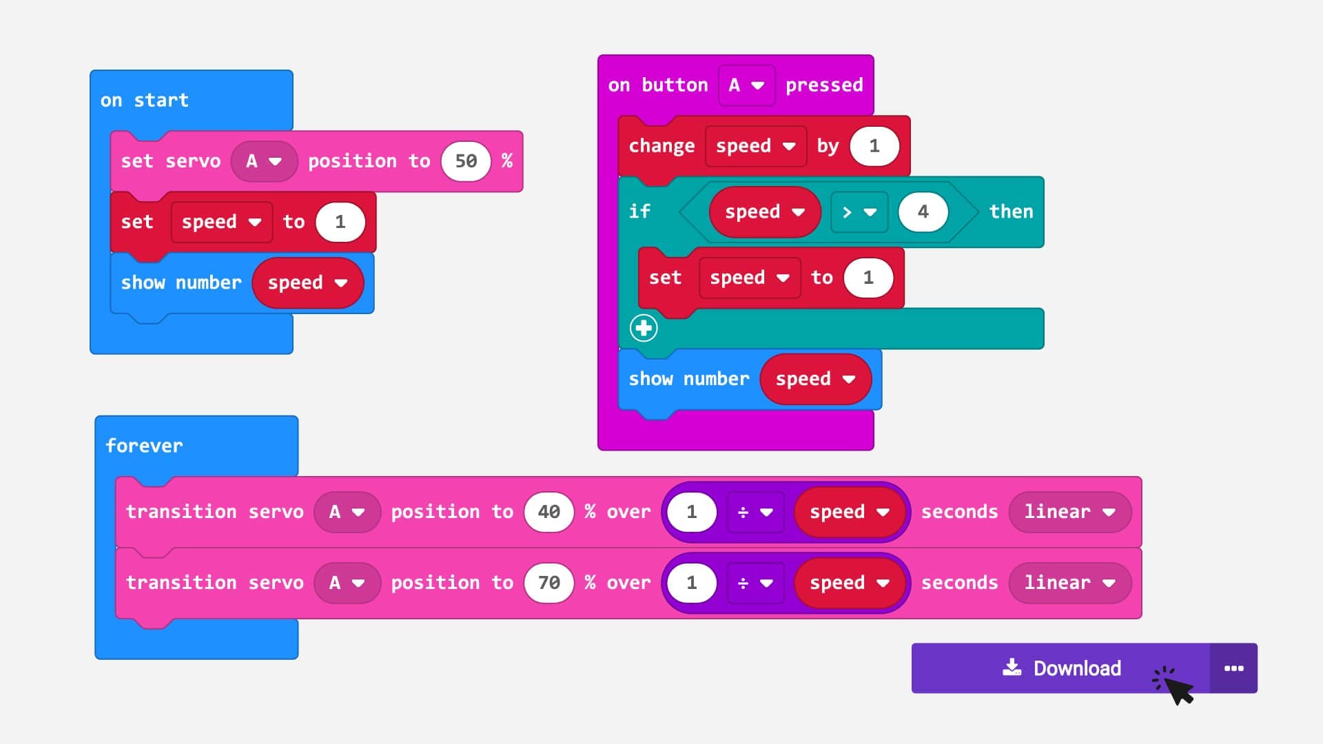 Calculating speed with algebraic operations to gradually increase or decrease the servo motor’s back and forth motion in Makecode.