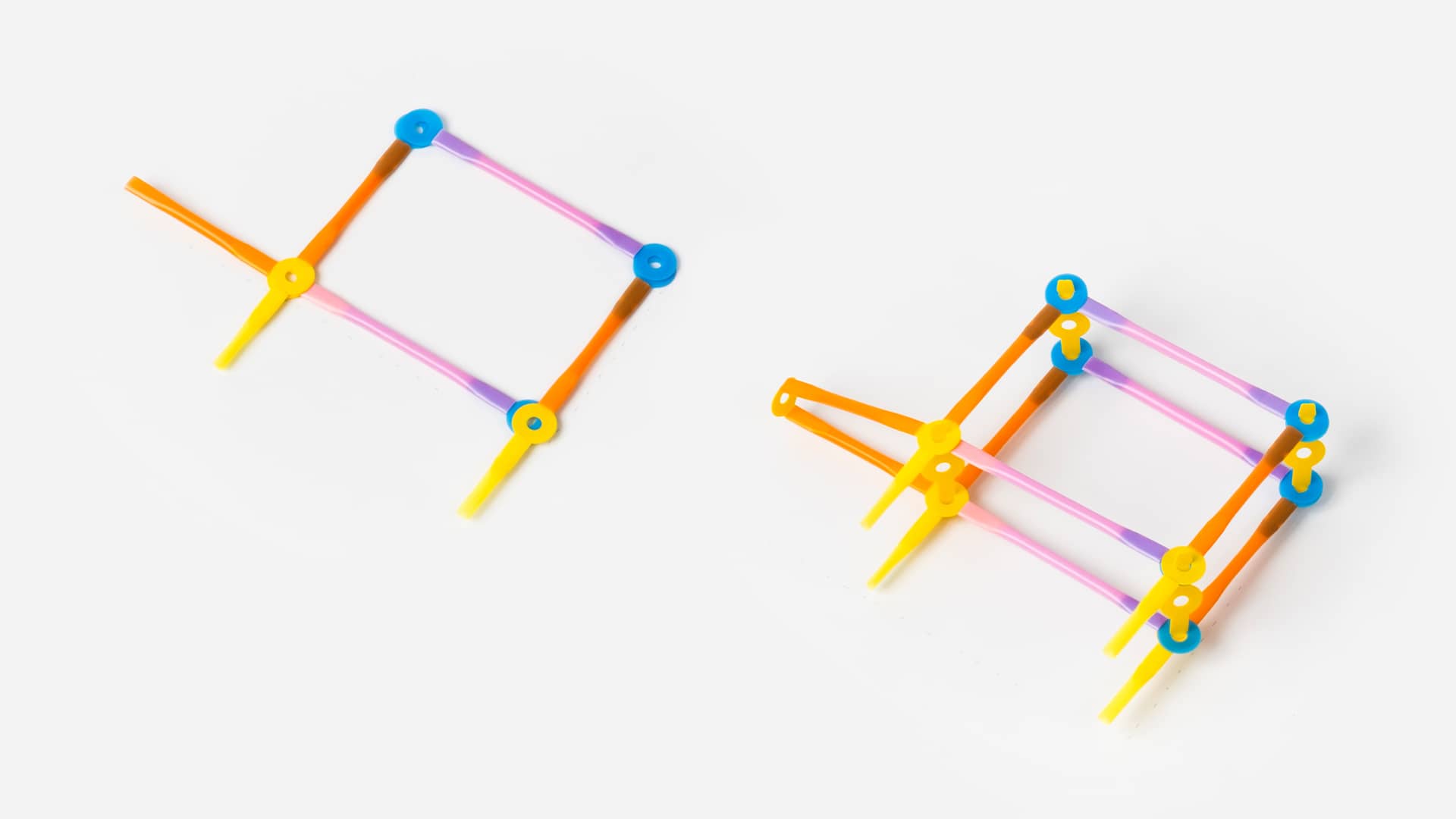 Align holes of the beams and click together as layers. Build from 2D to 3D.
